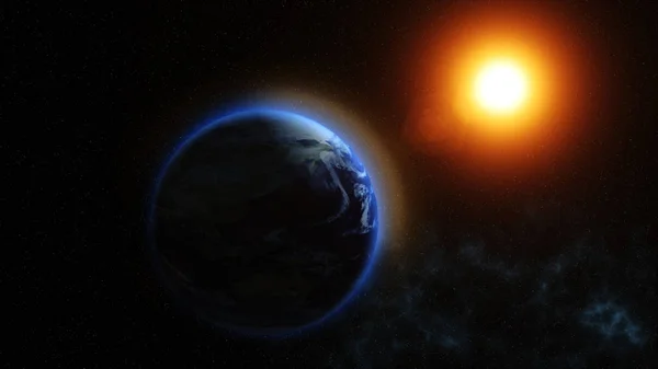 Uzaydan görünüşünü güneş bizim seyyare yerküre seyyare yerküre üzerinde parlıyor — Stok fotoğraf