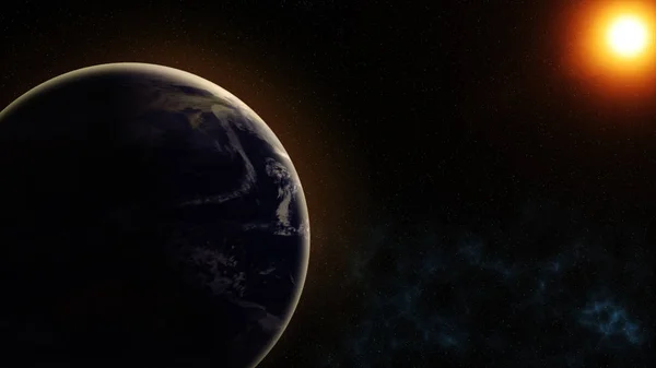Nuestro planeta tierra, el sol brilla en el planeta tierra visto desde el espacio — Foto de Stock