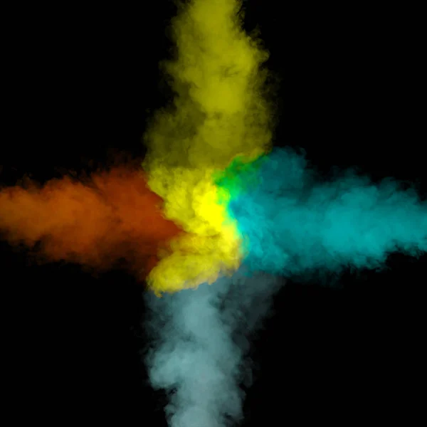 Arte abstrata pó colorido sobre fundo preto. Movimento congelado colorido explosão de poeira redemoinhos multicoloridos — Fotografia de Stock
