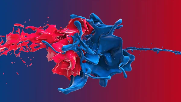 Red and blue abstract liquid collide in a splash