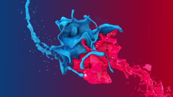 Rote und blaue abstrakte Flüssigkeiten kollidieren in den Runden des 3D, das um die Kamera fliegt — Stockvideo