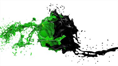 Siyah ve yeşil sıvı çarpışır, anında iki yanda beyaz izole arka plan damla sıçramak