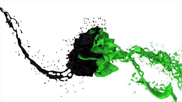 Líquido negro y verde chocan, gotas salpicaduras vuelan a los lados sobre un fondo blanco aislado — Foto de Stock