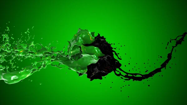 黒と緑の液体が衝突し、水滴を緑の背景の側面でスプラッタ. — ストック写真