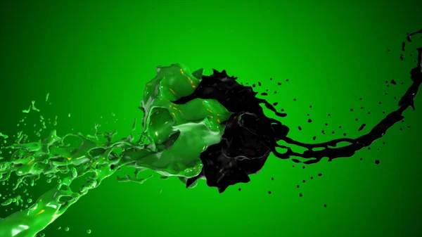 De zwarte en groene vloeistof botsen, de druppels splatter in de zijkanten op een groene achtergrond. — Stockfoto