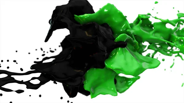 Черная и зеленая жидкость сталкиваются, капли брызг летят в стороны на белом изолированном фоне — стоковое фото