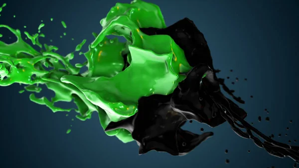 Siyah ve yeşil sıvı çarpışır, damlacıkları taraf sıçramak — Stok fotoğraf