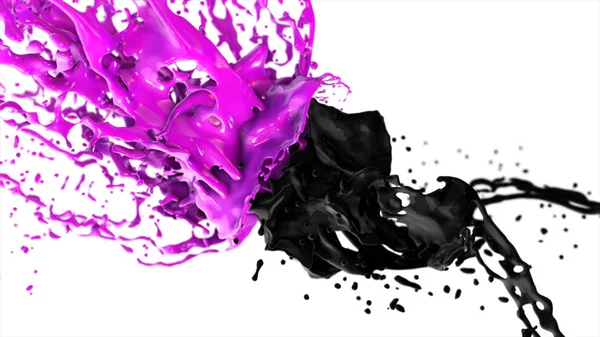 Liquidi viola e neri si scontrano, gocce schizzi volare ai lati su uno sfondo bianco isolato — Foto Stock