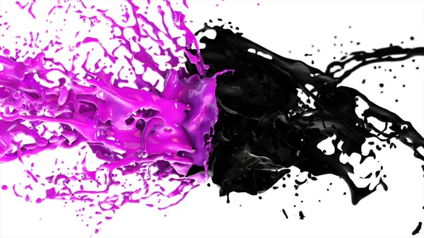 Liquidi viola e neri si scontrano, gocce schizzi volare ai lati su uno sfondo bianco isolato — Foto Stock