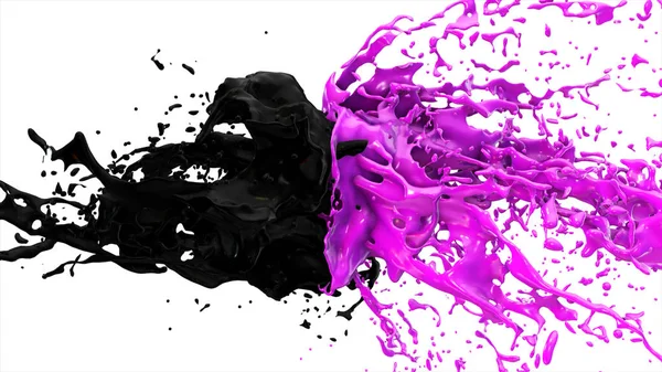 Фиолетовые и черные жидкости сталкиваются, капли брызг летят в стороны на белом изолированном фоне — стоковое фото