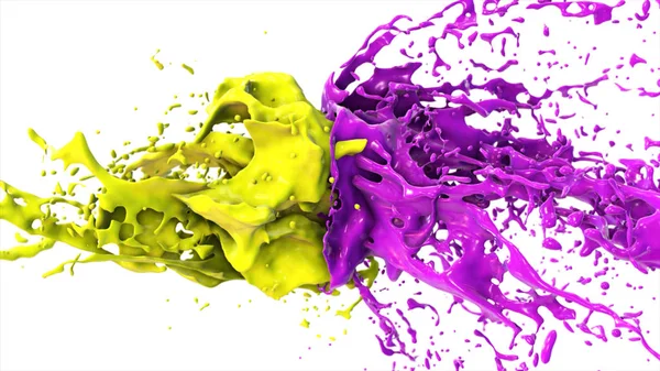 紫色和黄色的液体碰撞，水滴飞溅飞向两侧白色孤立背景上 — 图库照片