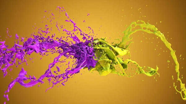 Фіолетова і жовта рідина зіштовхуються, краплі розсипаються літати в сторони . — стокове фото