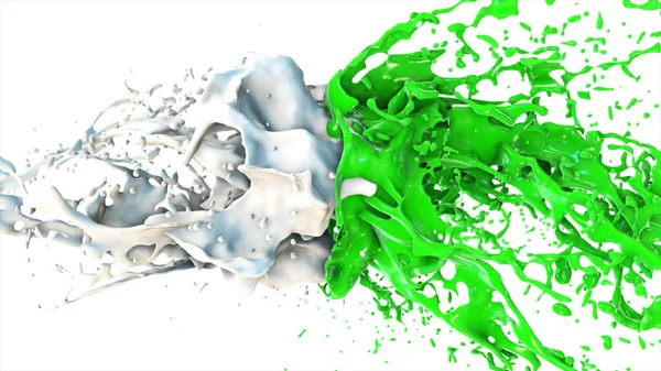 Green and white liquid collide, drops splatter fly into the sides on a white isolated background — Stock Photo, Image