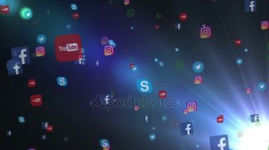 Editoryal animasyon: afiş facebook, instagram, youtube, skype, heyecan ve diğerleri gibi dünyanın en popüler sosyal medya uçan. Siyah bir arka plan üzerinde