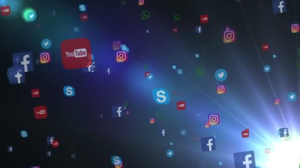 Editoryal animasyon: afiş facebook, instagram, youtube, skype, heyecan ve diğerleri gibi dünyanın en popüler sosyal medya uçan. Siyah bir arka plan üzerinde — Stok video