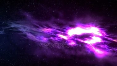 Alan arka plan. Kamera ile mavi ve pembe renkli Bulutsusu uçuyor. Yıldızlar her yerde çevresinde bulunmaktadır..