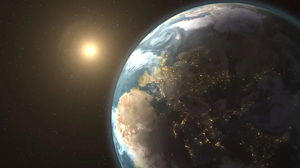Paisaje espacial del sol saliendo detrás de la tierra Ilustración 3D — Foto de Stock