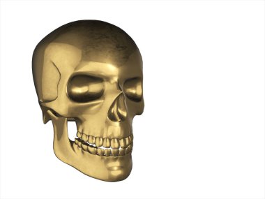 Beyaz arka plan üzerinde 3d illüstrasyon izole insan perspektif içinde altın kafatası