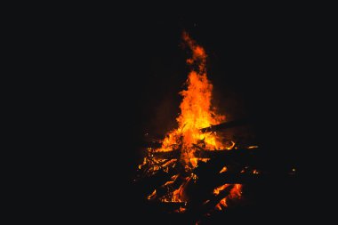 Ağaçlar geceleri yanan şenlik ateşi. Parlak, ısı, ışık, kamp, büyük şenlik ateşi yakma şenlik ateşi.