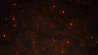 Yangının neden olduğu fırtına doku. Bokeh ışık siyah arka plan üzerine, havada uçan ateş çekim kıvılcım