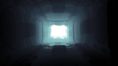 3D çizim fütüristik tasarım uzay gemisi iç sonsuz karanlık koridor