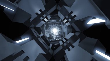 3D çizim fütüristik tasarım uzay gemisi iç sonsuz koridor
