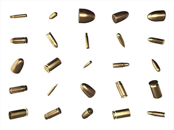 Conchas de balas e cartuchos isolados sobre fundo branco ilustração 3D — Fotografia de Stock