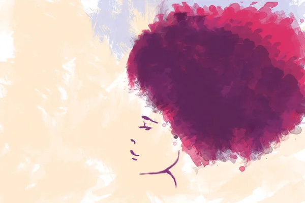 Akvarelu silueta krásnou dívku s profilem křivky vlasy — Stock fotografie