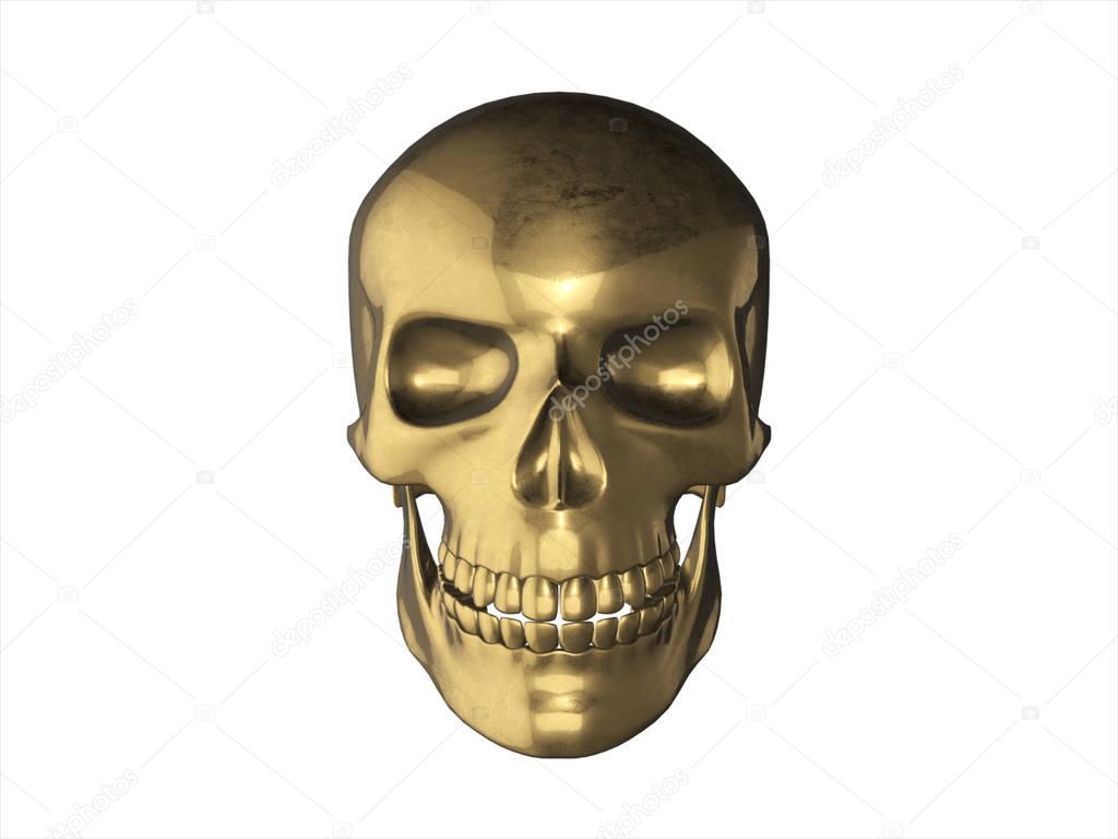 Golden skull in human isolated on white background 3D illustration