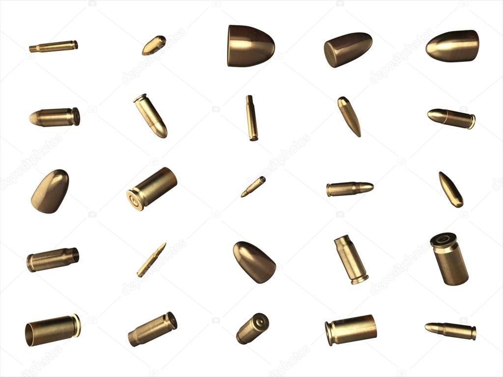 Shells from bullets and cartridges isolated on white background 3D illustration