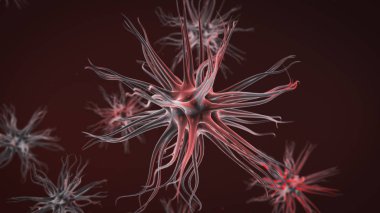 Kırmızı bir arka plan üzerinde bir mikroskop altında viral bakteri