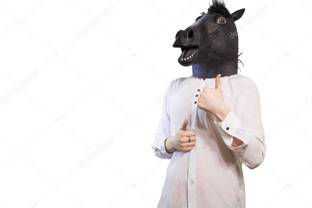 Businessman in a horse mask shows thumb up isolated on white background