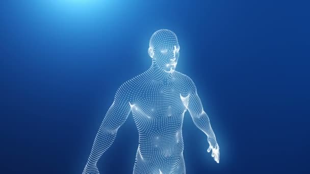 Het menselijk lichaam is gemodelleerd van punten. De omtrek van de figuur van de man draait. Naadloze loops. — Stockvideo
