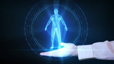 İşadamı insan bir hologram elinde tutan