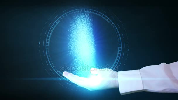 Empresario sostiene un holograma humano en su mano — Vídeo de stock