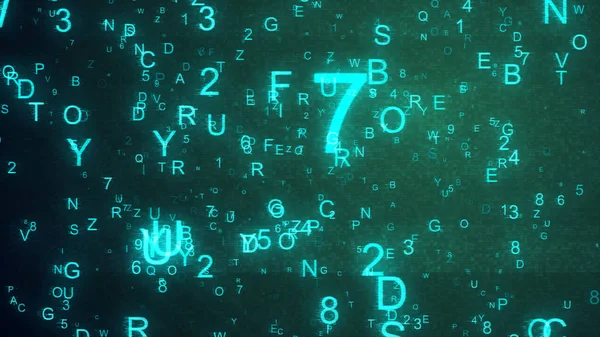 Letras y números del alfabeto lanzados al azar en el espacio creando un fondo digital abstracto con ruido y distorsión — Foto de Stock