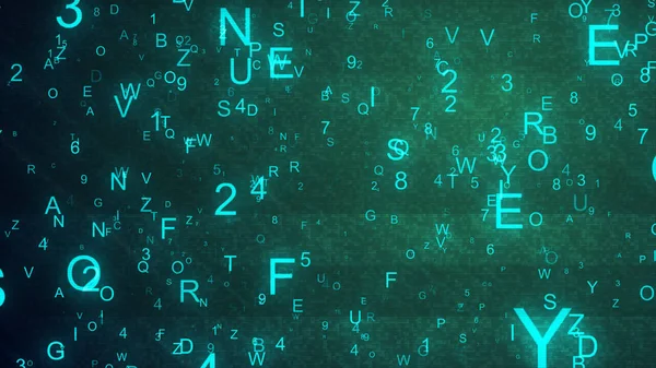 Γράμματα της αλφαβήτου και αριθμών τυχαία ρίχνονται στο χώρο δημιουργώντας μια αφηρημένη ψηφιακή φόντο με θόρυβο και την παραμόρφωση — Φωτογραφία Αρχείου