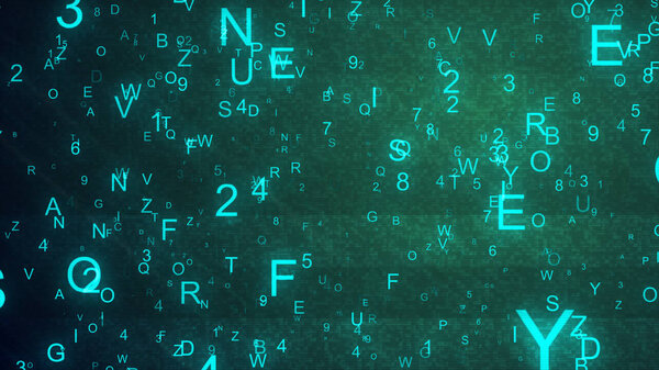 Alphabet letters and numbers randomly thrown in space creating an abstract digital background with noise and distortion