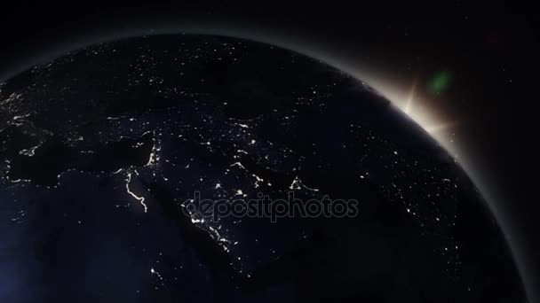 Salida del sol sobre la tierra vista desde el espacio. Con fondo de estrellas . — Vídeo de stock