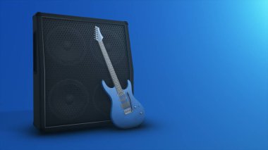 Gitar gitar üzerinde kopya alanı 3d çizim ile mavi arka plan ile için açılan amplifikatör