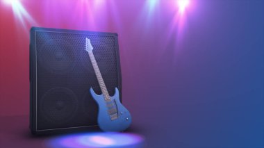 Kopyalama alanı 3d illüstrasyon kırmızı mavi artalanla gitarda gitarla için açılan amplifikatör