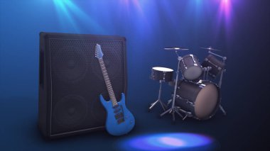 Blue electric guitar with a large combo and drum set 3d illustration clipart