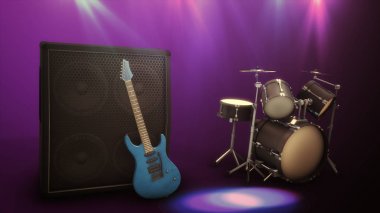 3d illüstrasyon mavi elektro gitar bir büyük açılan ve davul ile ayarla