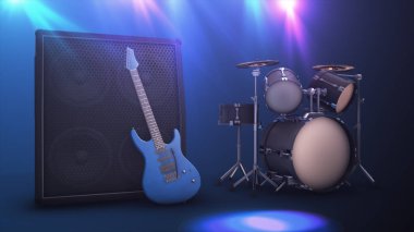 3d illüstrasyon mavi elektro gitar bir büyük açılan ve davul ile ayarla
