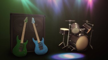 Mavi ve yeşil elektro gitar bir büyük açılan ve davul ile 3d çizim ayarla