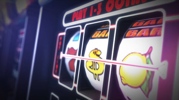 Casino Slot Games Playing Concept 3D Illustration. One Armed Bandit Slot Machine Closeup.