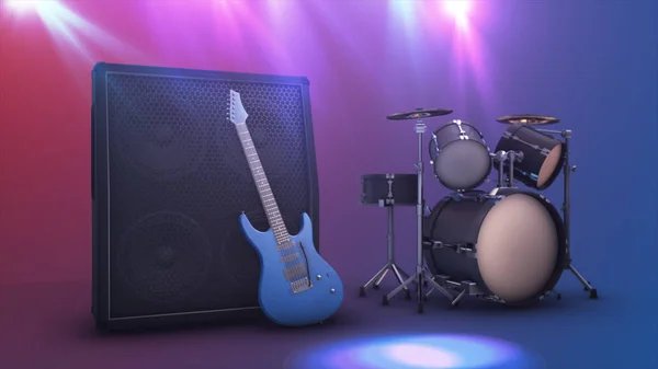 Μπλε ηλεκτρική κιθάρα με ένα μεγάλο σύνθετο και τύμπανο οριστεί 3d απεικόνιση — Φωτογραφία Αρχείου