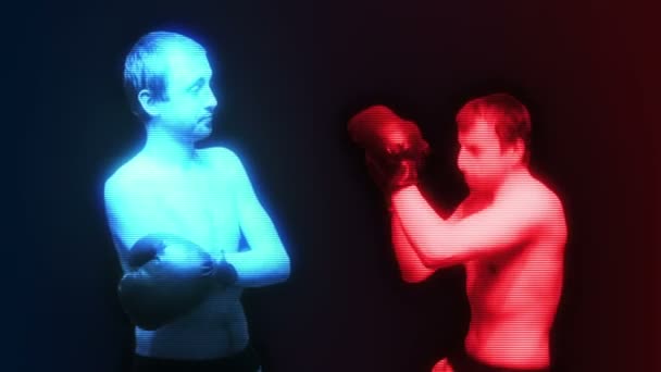 Red and blue holograms of boxers fight each other — Stock Video