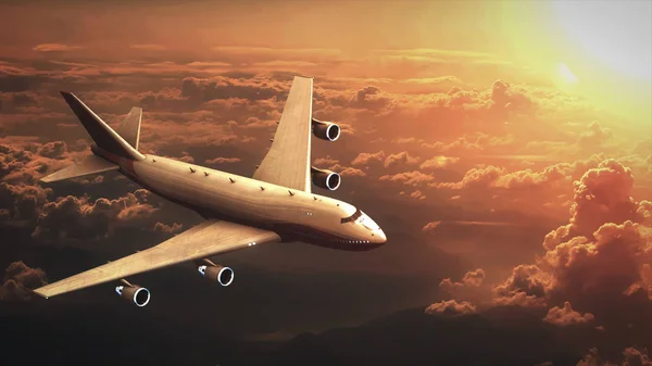 The airplane is flying across the sky in the sunset 3d illustration