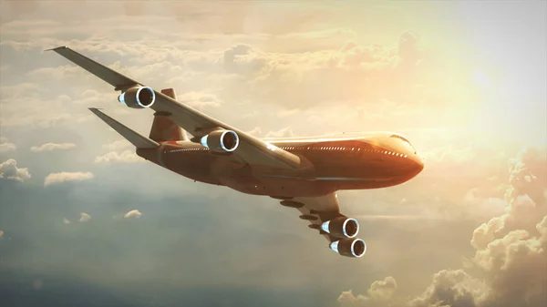 Letadlo letí po obloze slunce 3d obrázku — Stock fotografie